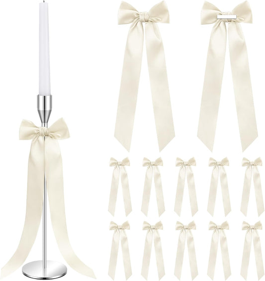 Teenyyou 12 Pcs Ivory Candlestick Bows - 13 Inch Large Coquette Table Decor & Candle Holders