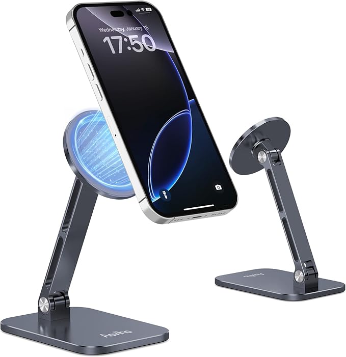 Aoviho Magnetic Phone Stand for MagSafe Adjustable - Aluminum Portable Phone Holder for Desk with 360° Rotating Head Compatible with iPhone 16/15/14/13/12 Pro Max and Magnetic Phone Case, Grey