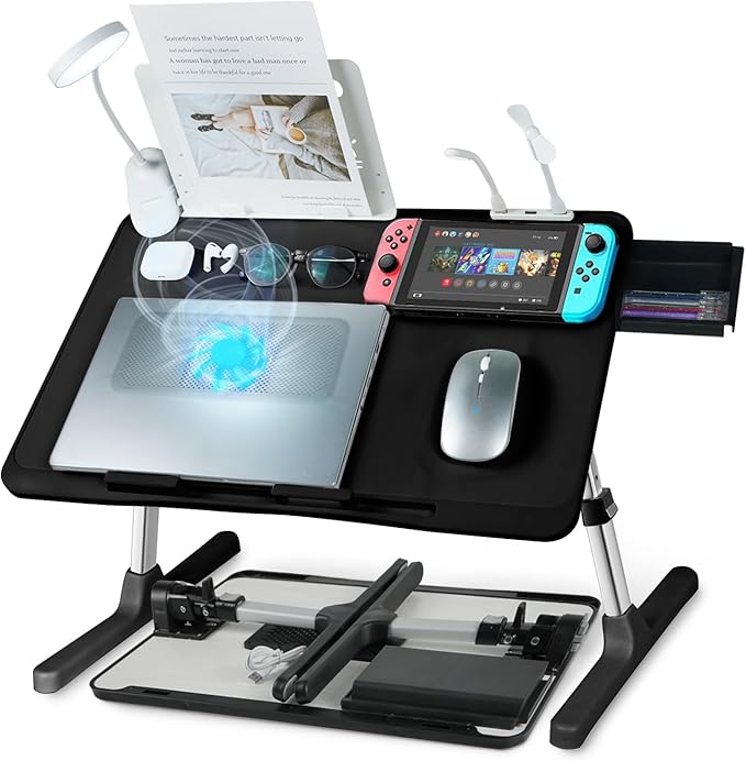 iXTRA Laptop Lap Desk with Cooling Fan - Adjustable with Light, USB, Storage Drawer - Folding Bed Desk,22.04"*12.59",Black