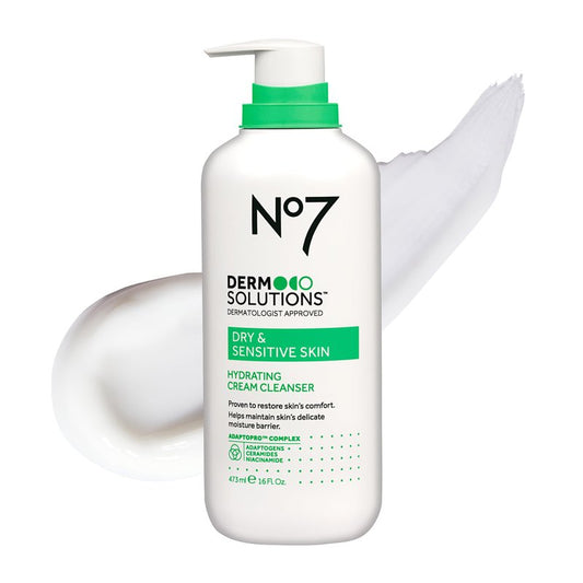 No7 Derm Solutions Hydrating Facial Cleanser - Gentle Cream Face Wash Formulated with Ceramides, Niacinamide & Adaptogens to Help Maintain Skin's Moisture Barrier - For Dry & Sensitive Skin (16 Fl Oz)