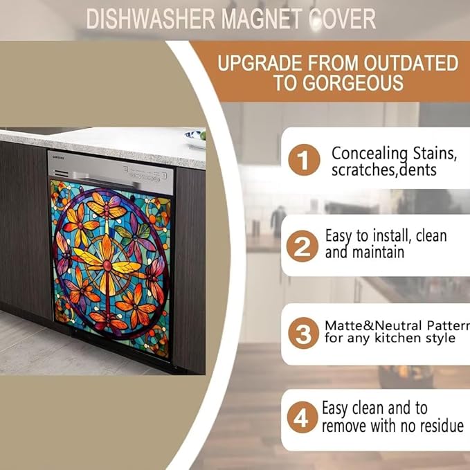 Colorful Dragonflies Magnet Dishwasher Cover Dishwasher Magnetic Panel Decal, Stained Glass Window Fridge Magnetic Skins Cover, Vinyl Home Appliance Decal 23" x 26" Magnetic