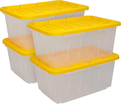 CX Black & Yellow 27-Gallon Heavy Duty Storage Bins - Stackable & Weather-Resistant | 4 Pack (14.3H x 20.6W x 30.6D)