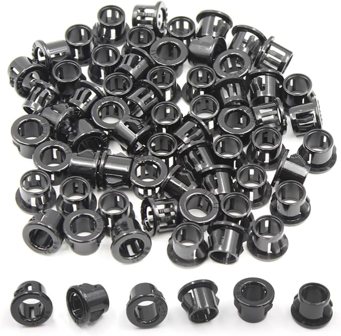 EASYEAH 3/8"(11mm) Black Snap-in Knockout Insulating Bushing Grommets, Plastic Cable Hole Grommets for Wiring, Round Nylon Snap in Locking Electrical Wire Cord Hose & Tubing Bushings Grommets, 60pcs