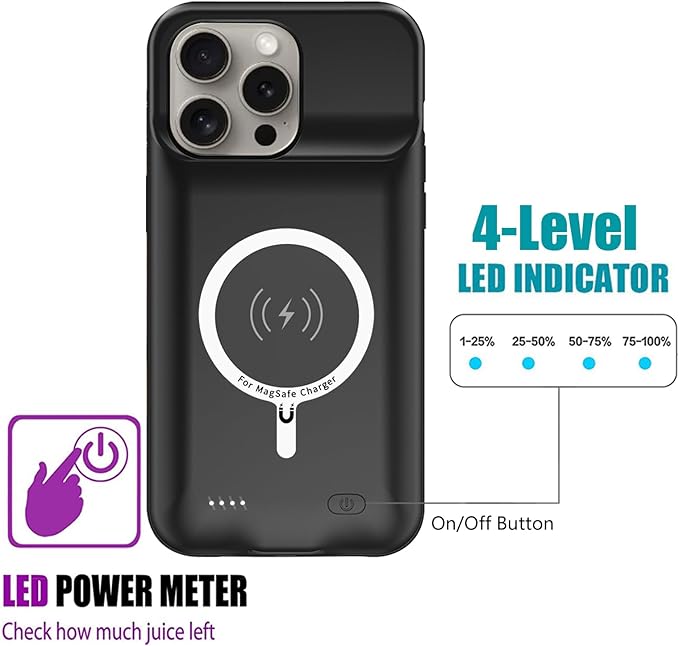 ZUEUS Battery Case for iPhone 15 Pro, 10000mAh Rechargeable Portable Charging Case with Wireless Charging, Compatible for iPhone 15 Pro (6.1 inch) with CarPlay, Extend Battery Pack Charger (Black)