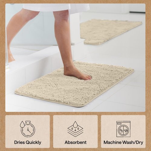 GORILLA GRIP Bath Rug Mat 60x24, Thick Soft Absorbent Chenille, Quick Dry Microfiber Mats, Rubber Backing Machine Washable Shower Floor Rugs, Bathmat Runner, Bathroom Home Decor Accessories, Sand