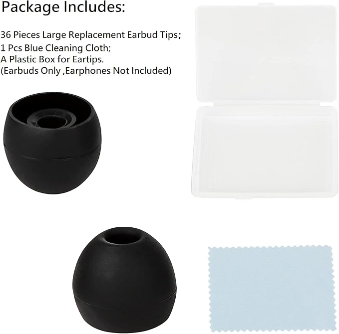 CYADCI 36 Pieces Large Earbud Tips Soft and Comfortable Silicone Earbud Tips Ear Bud Replacement Pieces Silicone Fit Most in-Ear Headphones，Inner Hole 3.8mm -5.5mm，Large Black Earbuds Silicone Tips