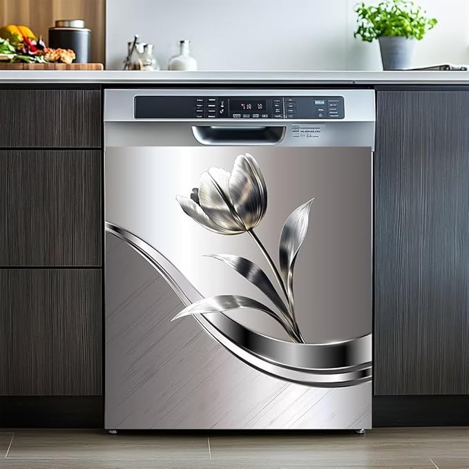 Dishwasher Covers Decorative Magnetic Sticker,Stainless Steel Style Background Flower Pattern Refrigerator Front Panel,Kitchen Decor Fridge Magnet Cover Decor,23 x 26inchs