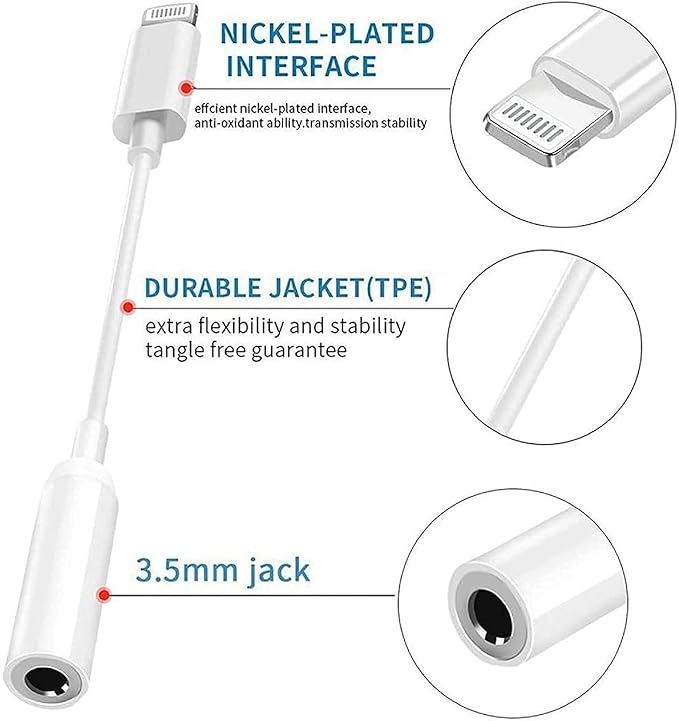 Apple MFi Certified 3-Pack Lightning to 3.5mm Headphone Jack Adapter with DAC, Headphone/Earphone Hi-Fi Audio Dongle & Car Aux Cable for iPhone 14/13/12/11/XR/X/8/7, Car, Gym, Travel, Office Use-White