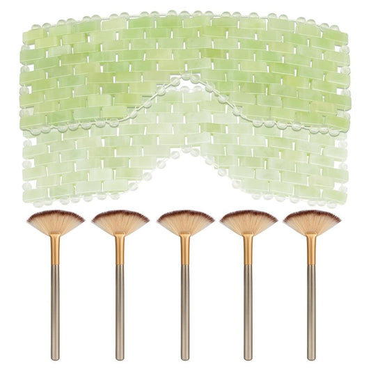 LazyGa 2Pcs Jade Eye Mask & 5 Pieces Facial Fan Mask Brush, Jade Facial Cooling Mask and Brushes Tools Kit for Mud Cream Home Spa/Travel - Relieve Puffiness, Anti-Aging Beauty Supplies