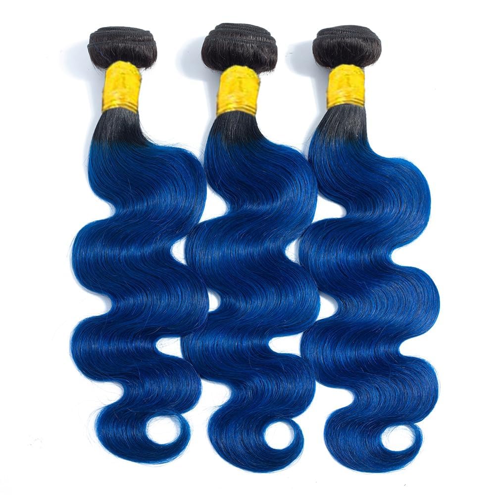 Cklikeb Human Hair Bundles T1B/Blue Color Body Wave Bundles Unprocessed Brazilian Virgin Human Hair 10 12 14 Inch 3 Bundles Quick Weave Human Hair Extensions 300g (T1B/Blue Body Wave, 10 12 14)