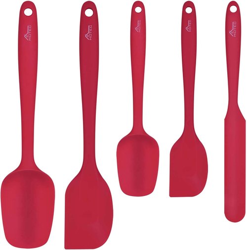 HOTEC Silicone Rubber Spatula Set - Heat Resistant 600℉, BPA-Free, Dishwasher Safe | Red, Set of 5