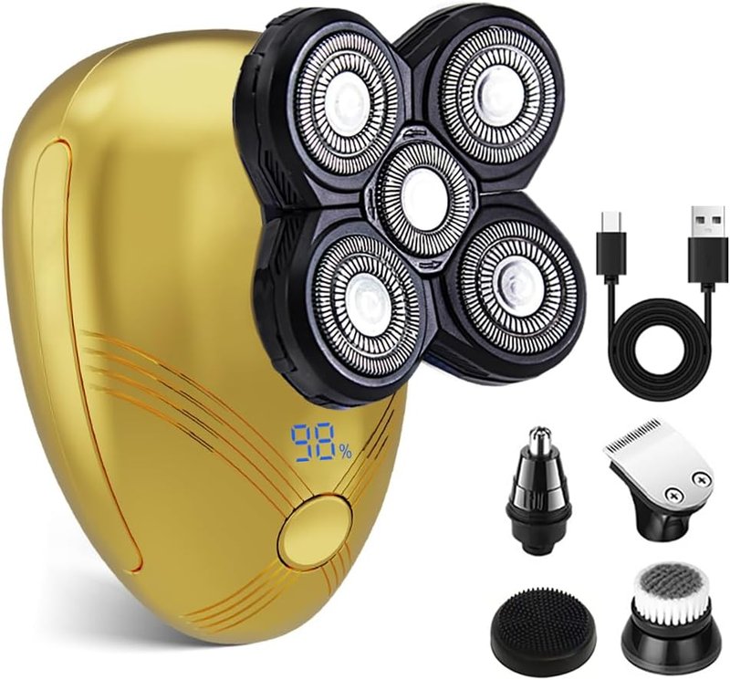 5-in-1 Electric Cordless Razor for Men | Bald Head Shaver Grooming Kit with Nose Trimmer & LED Display - Gold