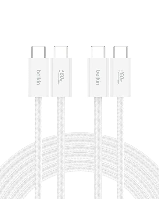 Belkin USB C to USB C Cable 2-Pack, 9.9ft, 60W - Type C Charger, iPhone Charger Cord, Soft, Braided, Flexible for iPhone 17, Galaxy S25, Pixel 10, Airpods, iPad Pro & More, Travel Essentials - White