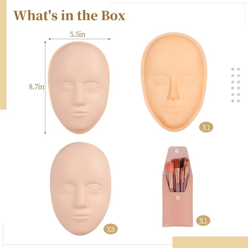 Silicone Mannequin Face Set - 8 Pcs, Practice Face Board, 8 Makeup Brushes for Permanent Makeup & Art Creation