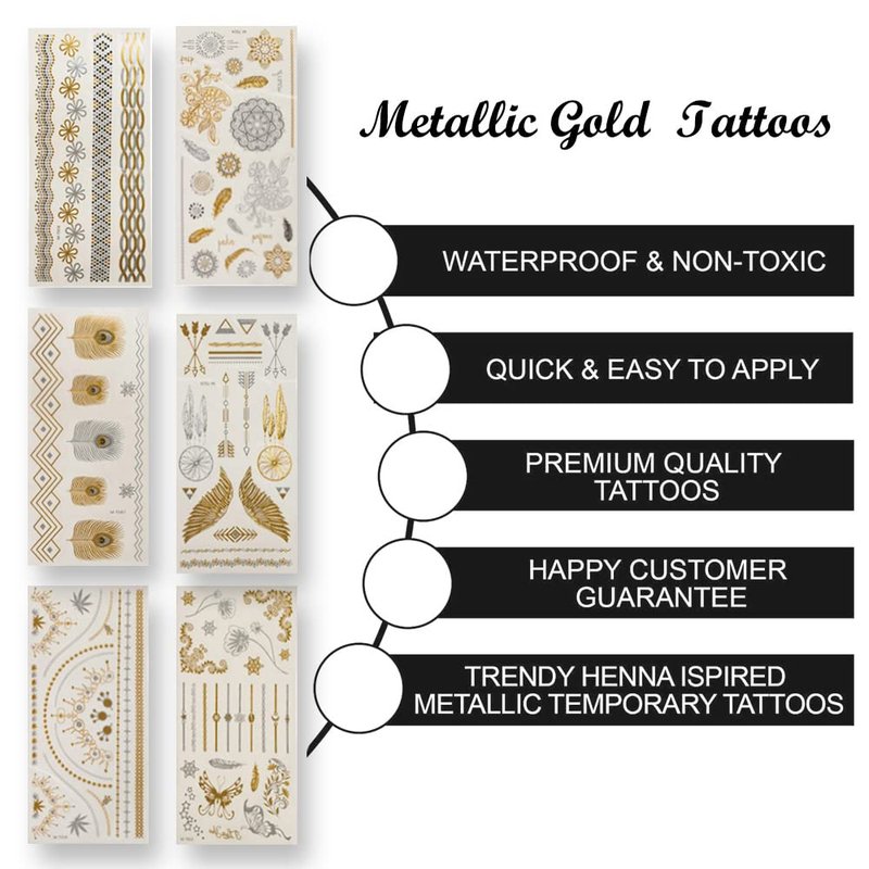 Muulaii 8 Sheets Gold Tattoos Temporary, Long Lasting Metallic Tattoos