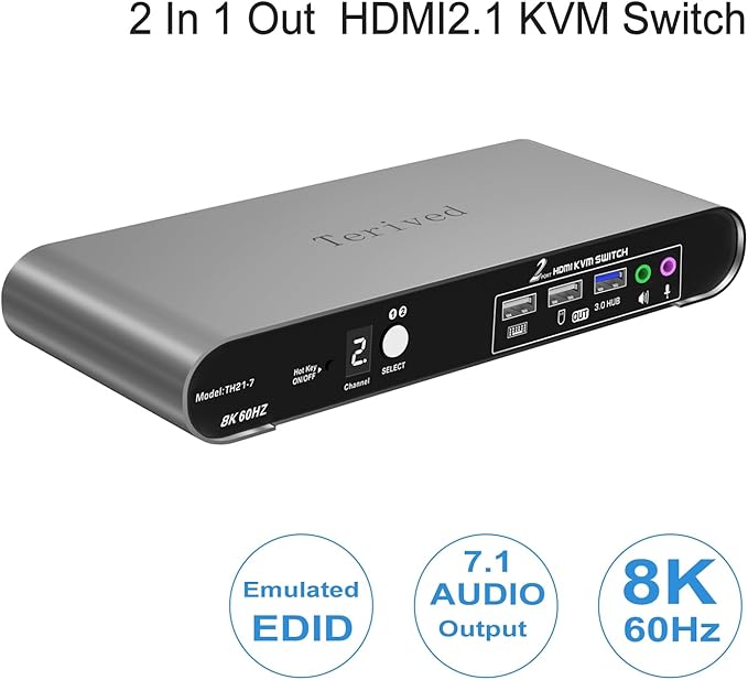 Terived 2 Computers 1 HDMI Monitor Automatic KVM Switch 8K@60Hz, Hotkey Switching, EDID, Support 5.1/7.1 Audio and Microphone, Aluminum Shell with Digital Display, USB 3.0 Hub, HDR10 with Cables