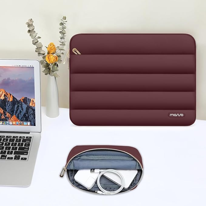 MOSISO Laptop Case 16 inch, 15-15.6 inch Puffy Laptop Sleeve Compatible with MacBook Pro 16 M5 M4 M3 M2 M1, HP Dell ASUS Acer Toshiba Lenovo, Polyester Horizontal Bag with Small Case, Wine Red
