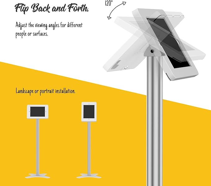 Beelta Tablet Floor Stand Compatible with 10.2" iPad 7 8 9, Rotate Lockable Metal Tablet Enclosure+Aluminum Pole+Metal Base - BSF302WT