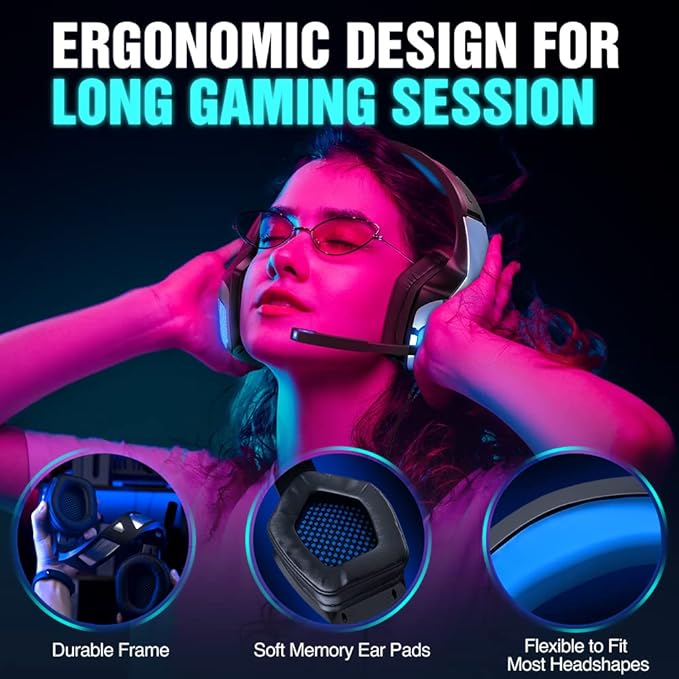 BENGOO G1 Wireless Gaming Headset with Mic for PS5, PS4, PC, Switch, Mac, 2.4GHz USB/Type-C & Bluetooth 5.4 Headphones with Foldable Design, 7.1 Surround Sound, RGB Lights - Black and Blue