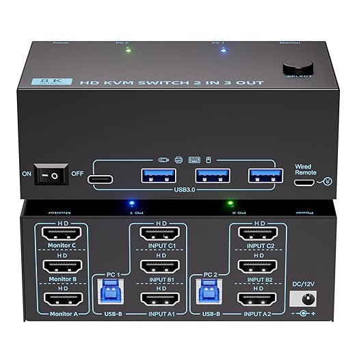 HDMI KVM Switch 3 Monitors 2 Computers 8K@60Hz/4K@120Hz, USB3.0 KVM Switches 2 Computers for 2 PC Sharing Triple Monitor and Keyboard Mouse, Wired Controller and USB Cables Including