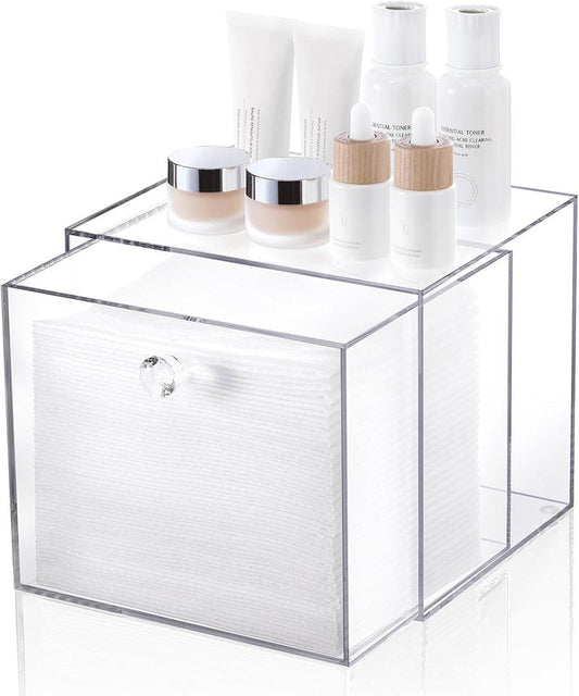 Disposable Face Towel Container Box - Acrylic Makeup Organizer with Drawer | Stackable Vanity & Bathroom Storage