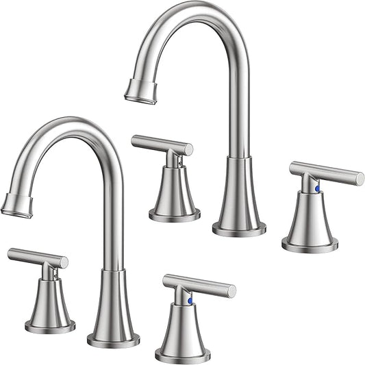 Bathroom Faucets for Sink 3 Hole, Hurran Brushed Nickel Bathroom Sink Faucet with Pop-up Drain and Supply Lines, Stainless Steel Lead-Free Widespread Faucet for Vanity RV, 2 Pack