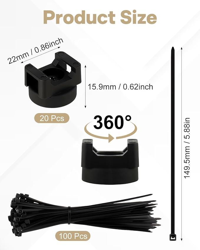 Alffun Magnetic Cable Clips Zip Tie Mount Base, Include 20 Pcs 20mm Magnetic Wire Cable Holders with 100 Pcs Heavy Duty Zip, Multipurpose Cable Ties Management Base for Wire, Black