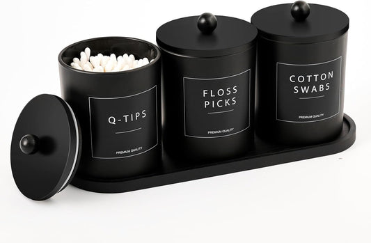 Regine Switzerland Glass Qtip Holder - Elegant Black Cotton Round Dispenser with Bamboo Tray | Set of 3