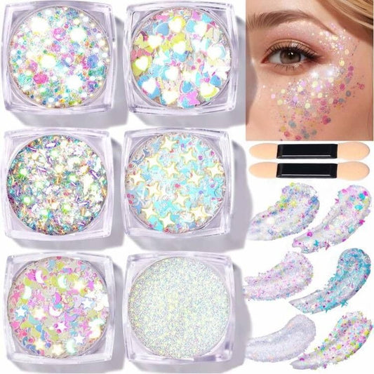 Face Glitter Gel for Women - Clear White Body Glitter with 6 Shapes | Chunky Rave Makeup Sequins