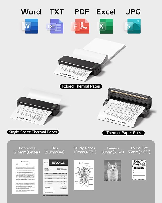 Portable Printers Wireless for Travel, A285M Bluetooth Inkless Thermal Printer Support 8.5" X 11" US Letter, Mobile Printer for Phone Laptop, with Case & 4 Rolls Thermal Paper, for Home Office Receipt