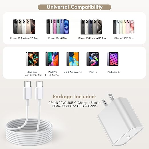 iPhone 17 16 15 Charger Fast Charging, 2Pack 10FT Extra Long USBC to C Cable Cord with 20W Apple iPad USB C Fast Charger USB C Wall Charger Block for iPhone 17/16 Pro Max/17 Air/16 Pro/15/15 Plus,iPad