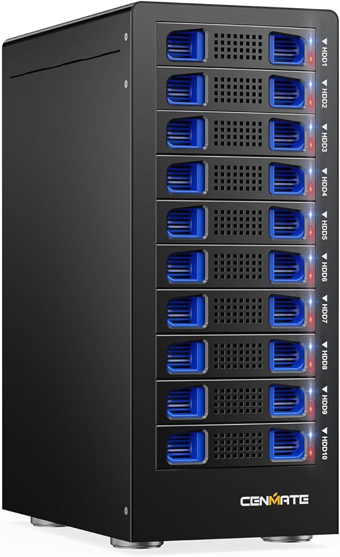 CENMATE 10 Bay Hard Drive RAID Enclosure with Cooling Fan for 2.5/3.5" SATA HDD/SSD with USB A/C 3.0＋eSATA Cable, 3.5 Hard Drive Enclosure Supports 160TB Capacity, 8 RAID Modes, DAS(NO NAS)