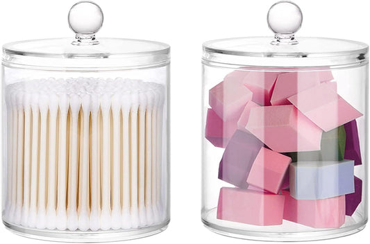 Skiennix 20-Ounce Qtip Holder Canister Set - Clear Plastic Apothecary Jars for Bathroom Organization (2 Pack)