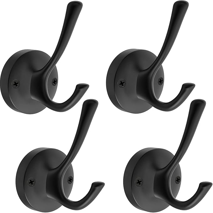 NETLKLA 4 Packs Black Coat Hooks, Decorative Double Prong Metal Closet Hooks for Hanging Towels, Robes in Bathrooms, Kitchen
