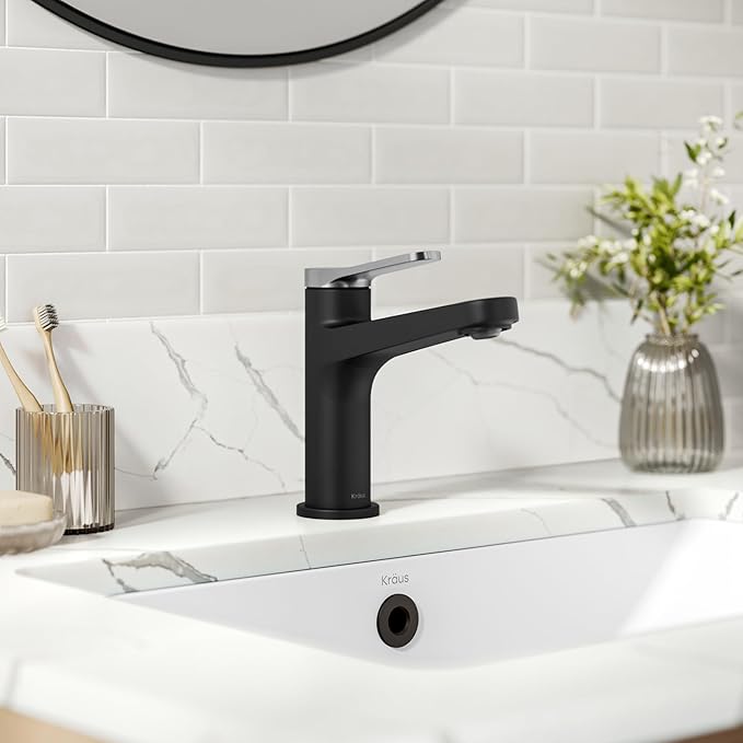 KRAUS Indy Single Handle One Hole Bathroom Sink Faucet in Spot-Free Brushed Nickel/Matte Black, KBF-1411SFBNMB