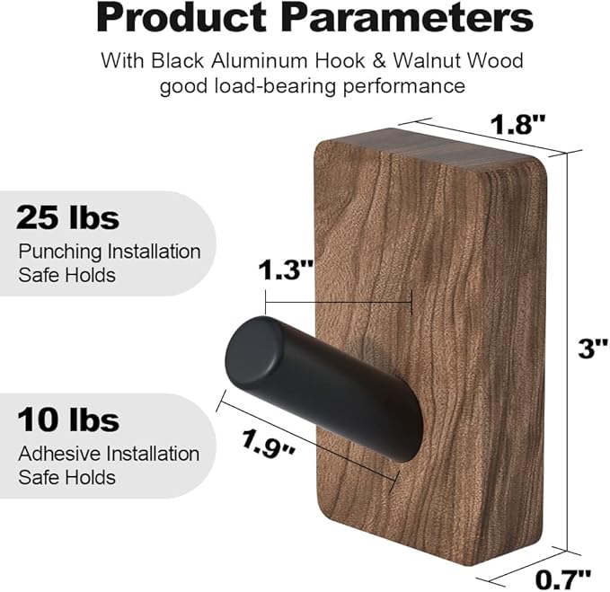IURRDOP 4 PCS Black Walnut Wood Wall Hooks, Adhesive Mounted & Wall Mounted Rustic Decorative Entryway Hooks, Mid Century Modern Natural Wooden Pegs for Hanging Coat Clothes Hat Bag Purse and Towel