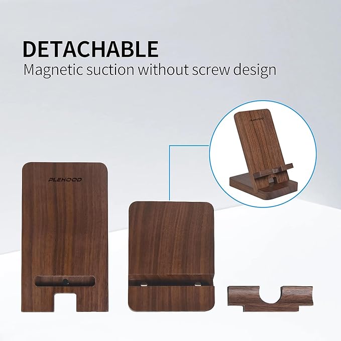 Plehood Wood Phone Stand, Desktop Wooden Phone Holder, Portable Office Phone Stand for Desk, Wood ipad Stand, Compatible with iPhone & All Cell Phones (Walnut)