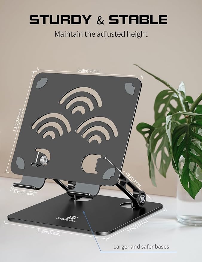 ToBeoneer Adjustable Tablet Stand for Desk, Premium Aluminum Holder for iPads, Tablets, Kindles, Switch, Phones, and All Devices up to 14 Inches. Portable and Foldable Black, Plus Size