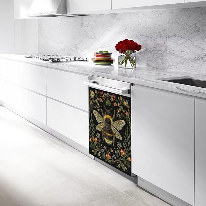 Flower and Bee Painting Dishwasher Magnetic Cover Sticker Refrigerator Fridge Magnet Panel Decal Magnets Home Kitchen Fridge Front Door Cover 23W x 17H inchs