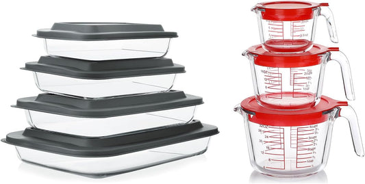 Skiennix 8-Piece Deep Glass Baking Dish Set with Lids & 6 Glass Measuring Cups for Cooking | Kitchen Essentials