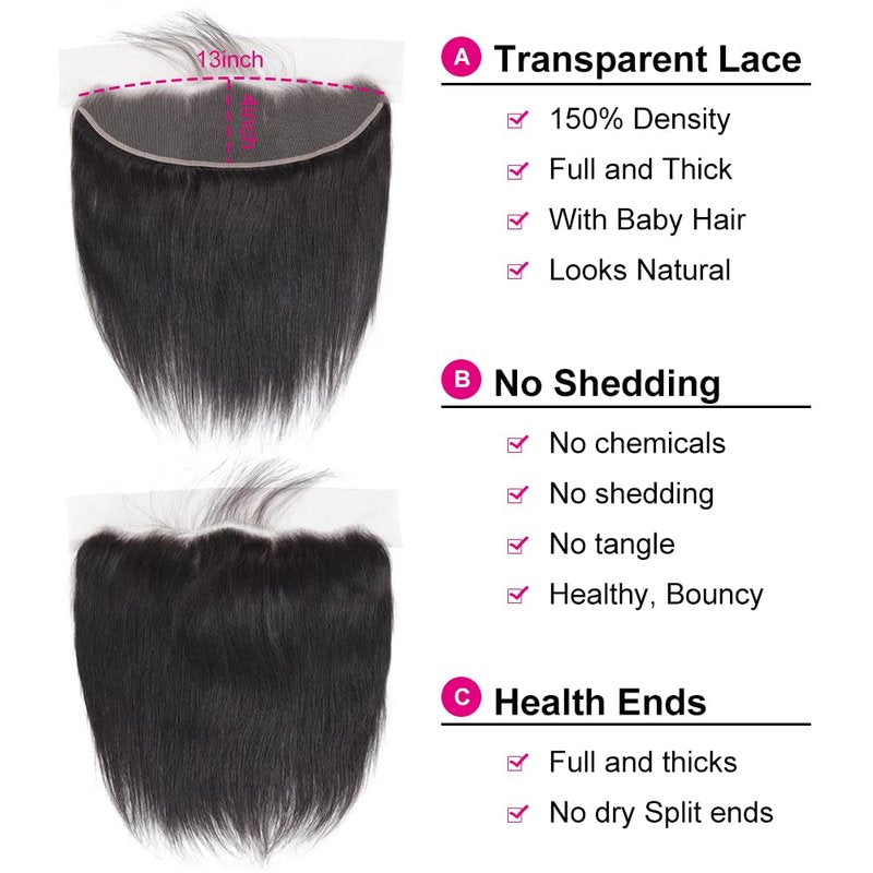13x4 Ear to Ear Transparent HD Lace Frontal Closure 12A Unprocessed Brazilian Virgin Human Hair 16 Inch Silky Straight Full Lace Frontal Closure Pre-Plucked Natural Black Color