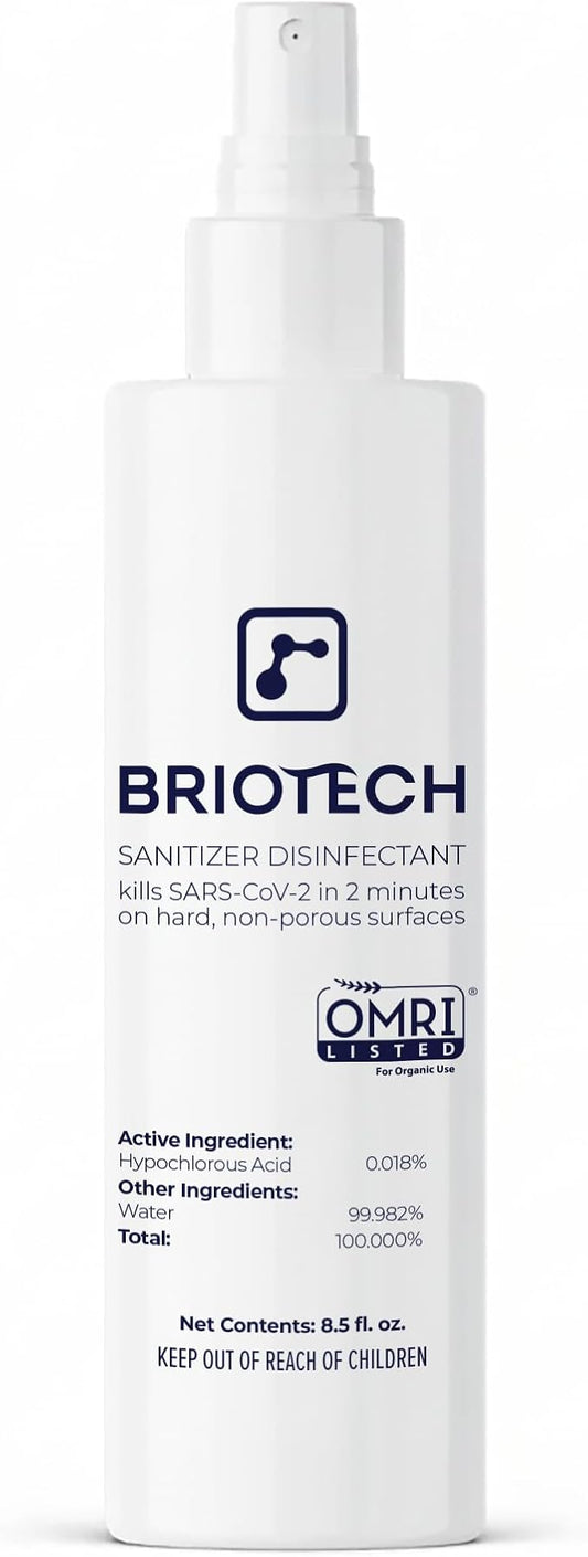 BRIOTECH Sanitizer Disinfectant Hypochlorous Spray, Kill 99.99% of Viruses & Bacteria, Control Mold, Eliminate Odor, Gentle for Nursery & Play Rooms, Food Contact Surface Sanitizer, 8.5 fl oz