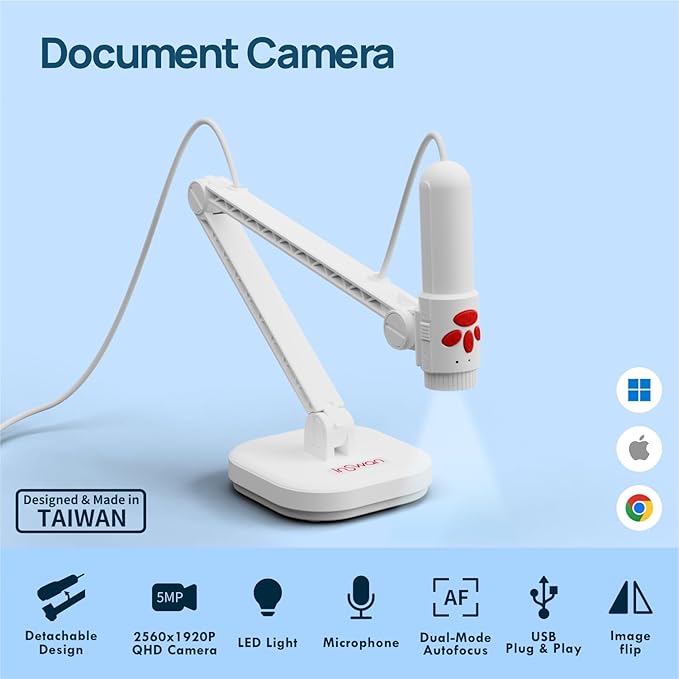 INSWAN INS-3 Detachable Handheld USB Document Camera – Flexible Multi-Angle, Perfect for Hands-on Teaching & 3D Object Demo, Mic, LED, Auto Focus, Compatible with Windows/Mac/iPad/Chromebook, White