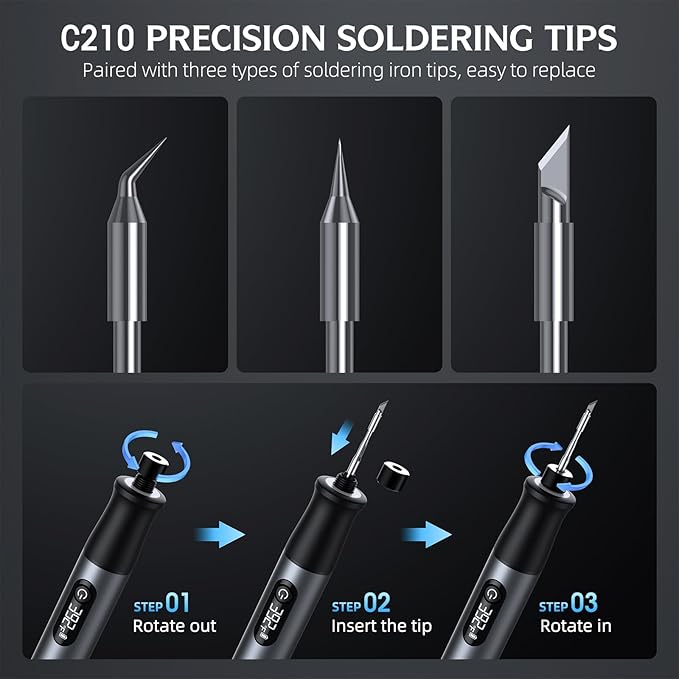 Cordless Soldering Iron Kit - 7s Fast Heating & Auto Sleep, Portable USB-C Rechargeable Welding Pen with 3 Tips (392°F/200°C to 842°F/450°C) for Electronics Repair/DIY/Circuit Board, Gris