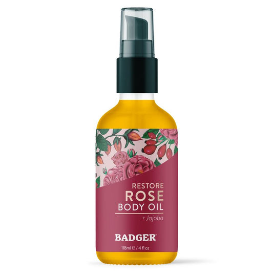 Badger Rose Body Oil, 100% Organic Rose Scented Body Oil, All Natural Body Moisturizer, Organic Jojoba & Rose Oils Soothe Dry Skin, 4 fl oz Glass Bottle