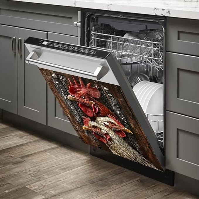 Wood Board and Rooster Pattern Dishwasher Magnet Cover Panel Kitchen Decorative Magnetic Refrigerator Front Door Cover Sticker,23W x 17H inchs
