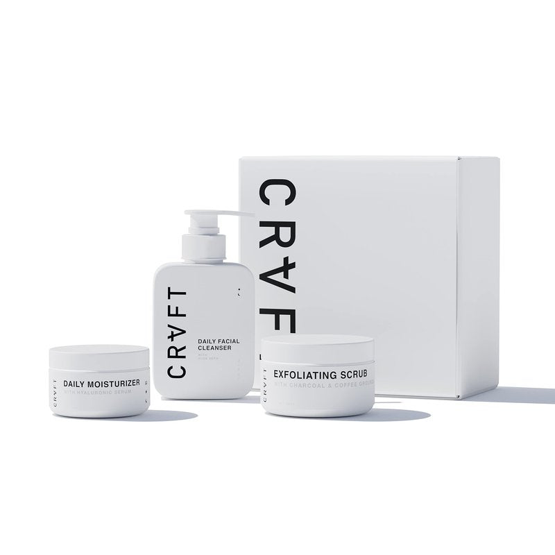 CRVFT Menâs Facial Care Kit | Aloe Vera Face Wash 3oz | Hyaluronic Moisturizer 1oz | Charcoal Exfoliating Scrub 1.7oz | 3 Piece Complete Daily Skin Care System | Look + Feel Your Best [Scented]