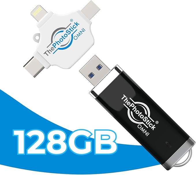 ThePhotoStick® Omni 128GB (2 Pack) USB Flash Drive & Memory Stick – Automatic Photo & Video Backup for iPhone, Android, Mac & PC – Multiport Connection to Easily Store & Transfer Files