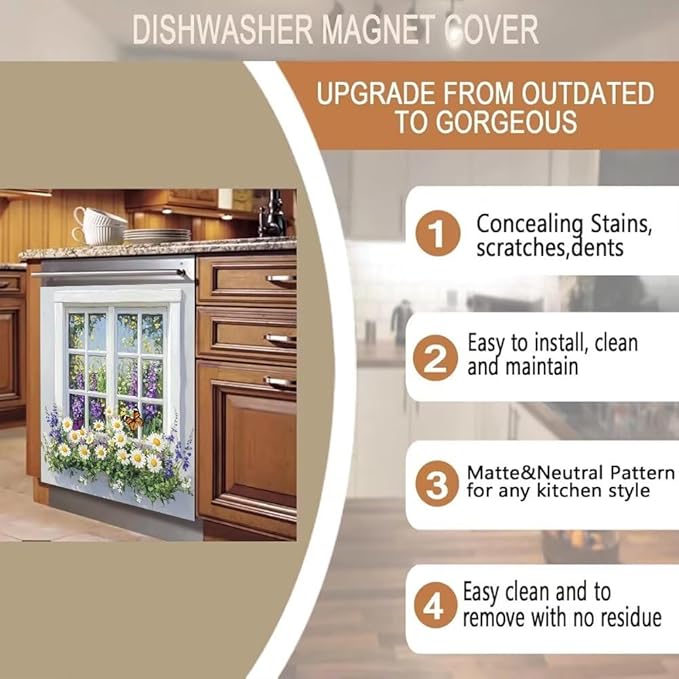 Kitchen Decor Dishwasher Magnet Cover Decal, Floral Window Garden with Daisies and Butterfly, Magnetic Dish Washer Panel Door Vinyl Sticker, Refrigerator Magnets,Easy to Clean, 23 x 26 inch