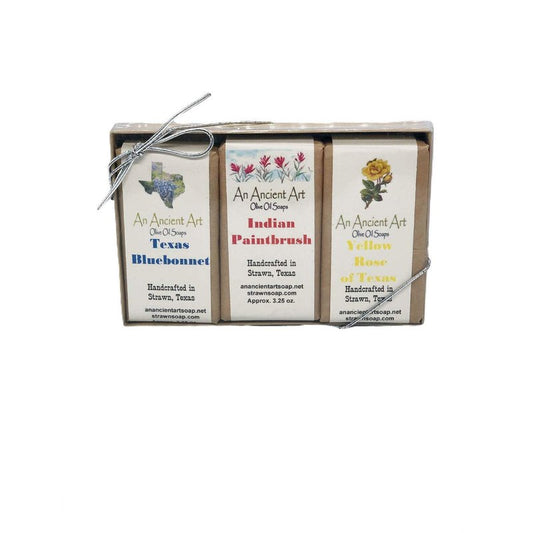 An Ancient Artâs Bar Soap Set of 3 Aprox. 3.25oz - All Natural Soap Handmade with Olive Oil, Palm Oil, and Coconut Oil (Texas Bluebonnet, Indian Paintbrush, Yellow Rose) - Gift Set (Texas Set)